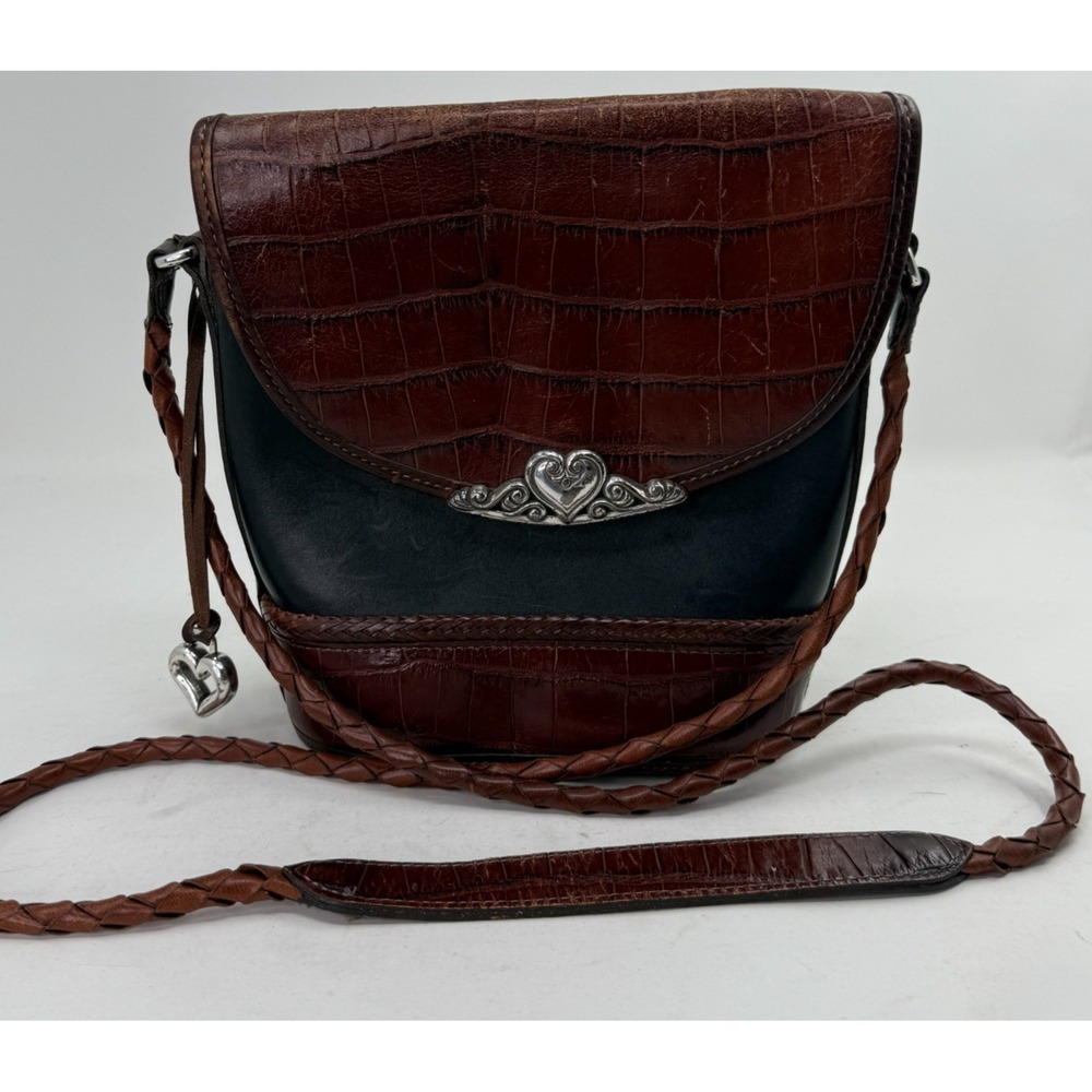 Vintage Brighton Bucket Handbag Black and Brown Croc Purse Bag Silver Heart